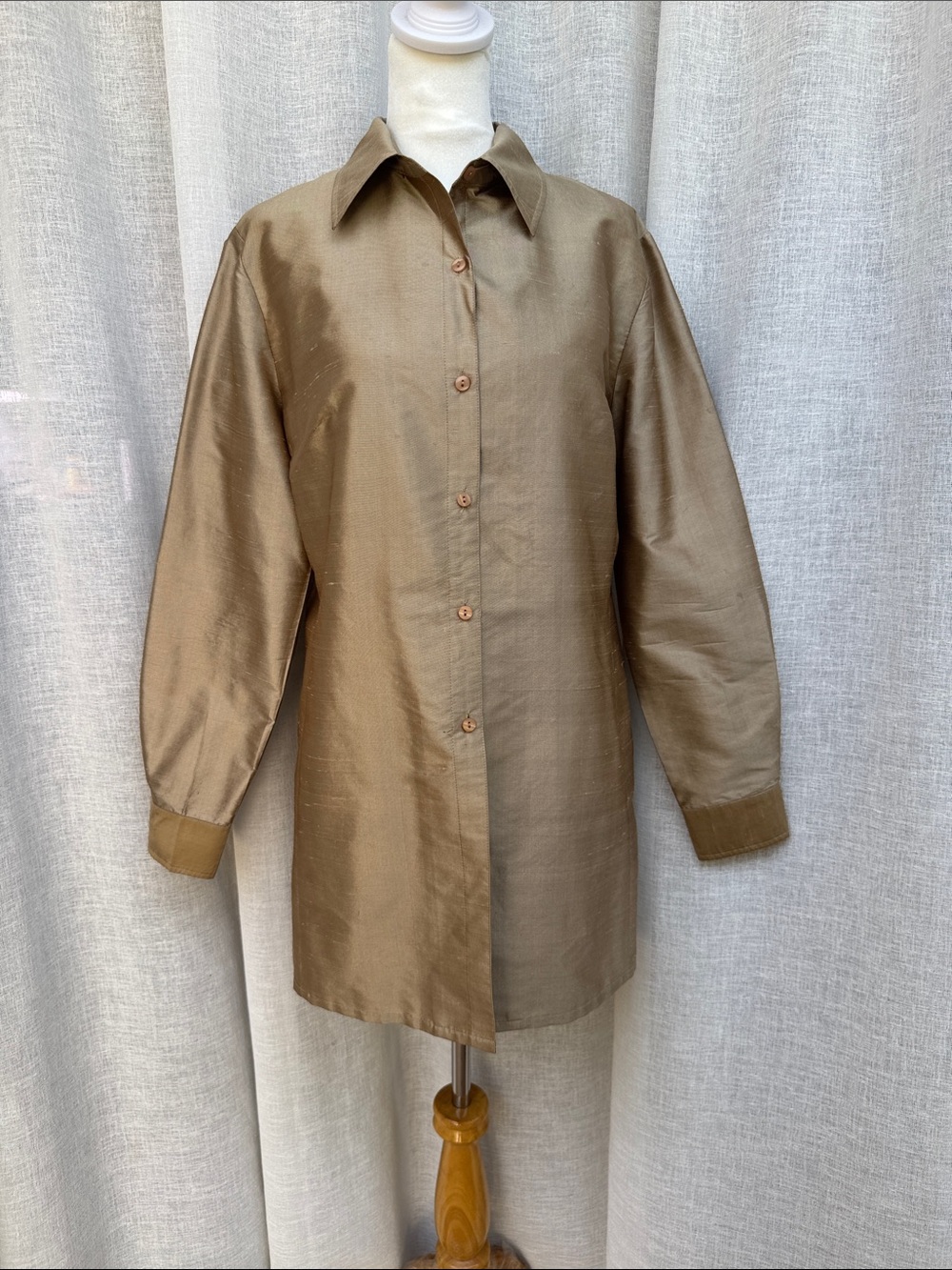 Nora Noh vintage raw silk button-down tunic shirt metallic bronze gold sheen